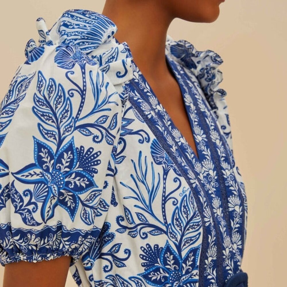 Farm Rio Off-White Shell Garden Organic Cotton Romper Women's Size XL Blue - Picture 4 of 4